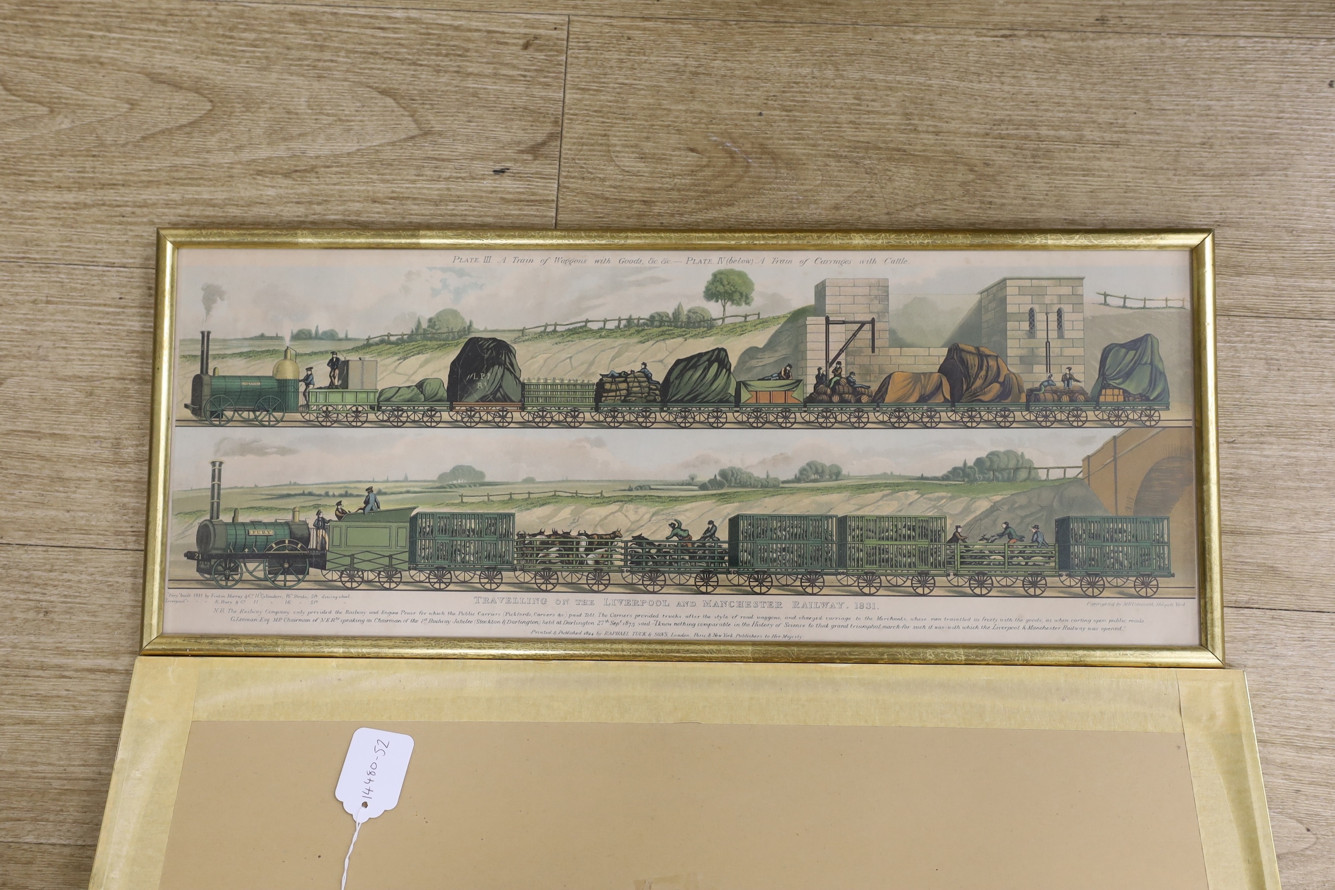 A pair of 19th century railway interest chromolithographs, ‘Travelling on the Liverpool and Manchester Railway, 1831’, publ. 1894 by Raphael Tuck & Sons, 24.5 x 64cm. Condition - fair